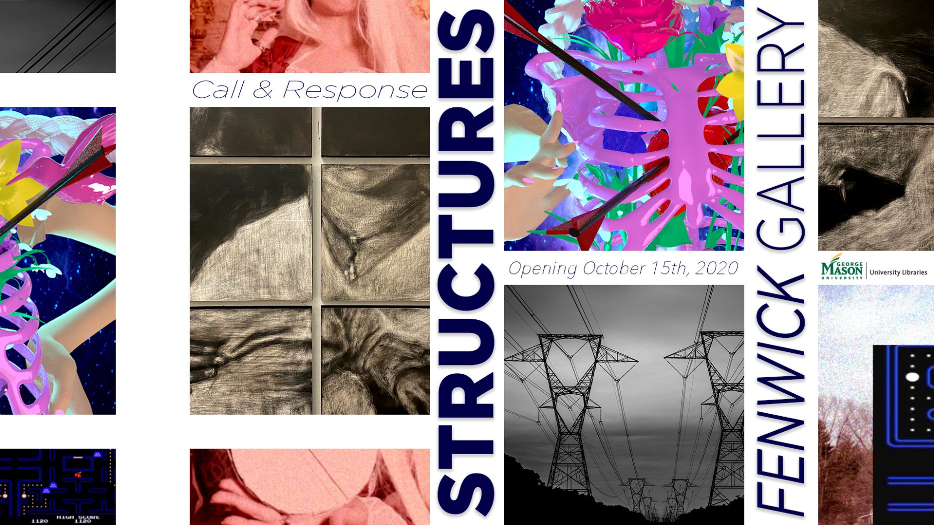 Exhibition announcement for Call & Response: Structures. Includes detail images of works of art included in the exhibit.