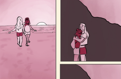 Details from a comic panel. On the left, two young women walk hand-in-hand on a beach towards a sunset. In the right panel, they embrace. The colors are soft pinks and reds.