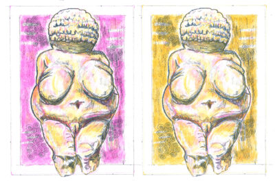 Four risograph prints of the "Venus of Willendorf" figure are shown in a grid. They are printed in a range of colors: purple, blue, magenta, and yellow.