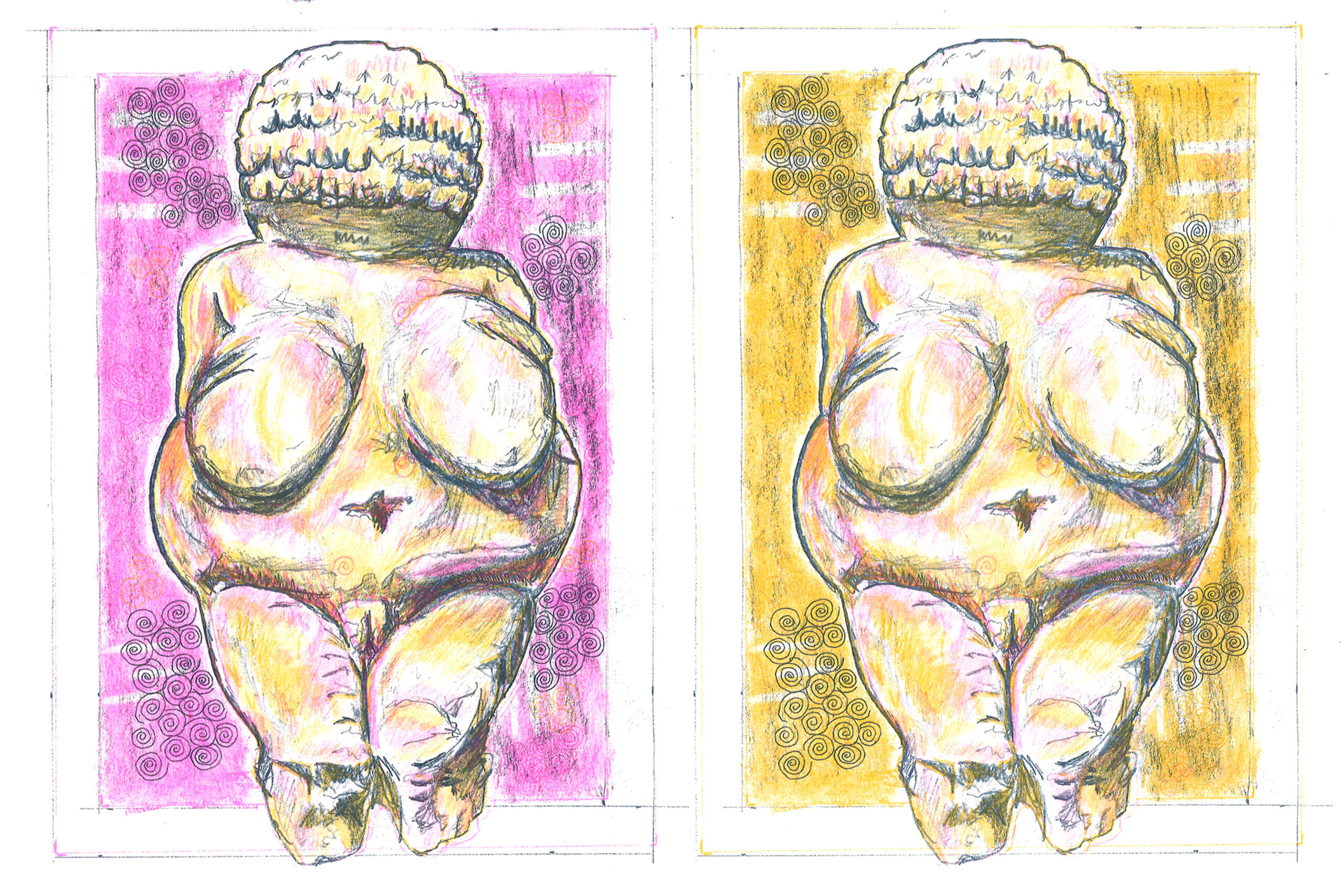 Two risograph prints of the "Venus of Willendorf" figure are shown in a grid. They are printed in a range of colors: purple, blue, magenta, and yellow. 