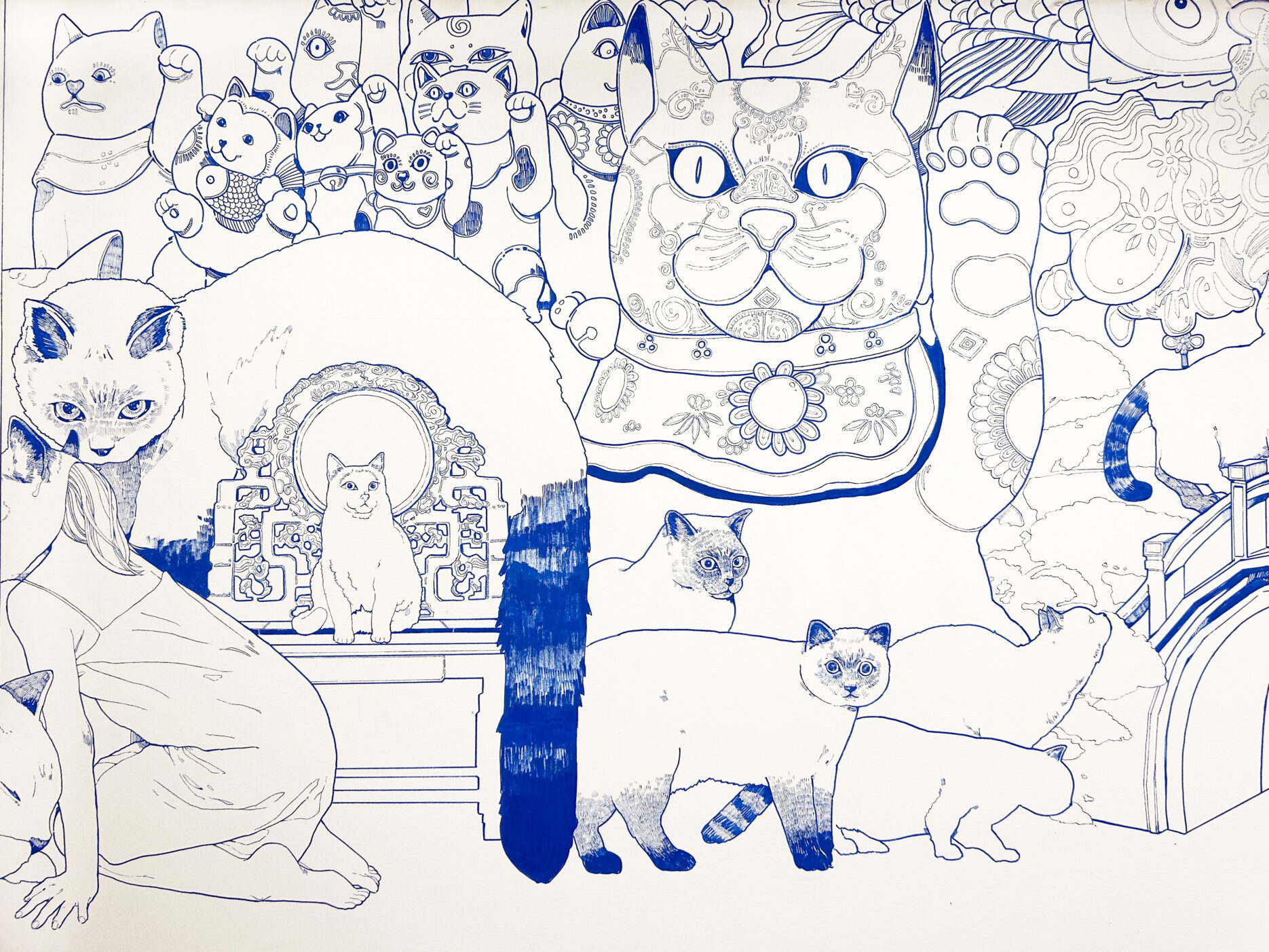 A blue drawing on canvas showing a plethora of cats--real and toy--moving through a vast space.