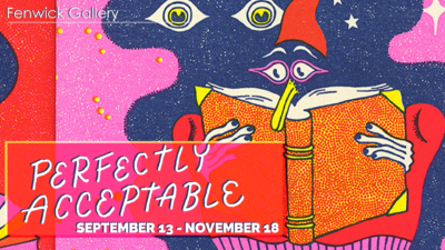 Promotional image for the exhibit "Perfectly Acceptable", September 13 - November 18. It features a panel from Daria Tessler's comic "The Book of Secrets by Albert Magnus" printed in vibrant pink, red, and deep blue.