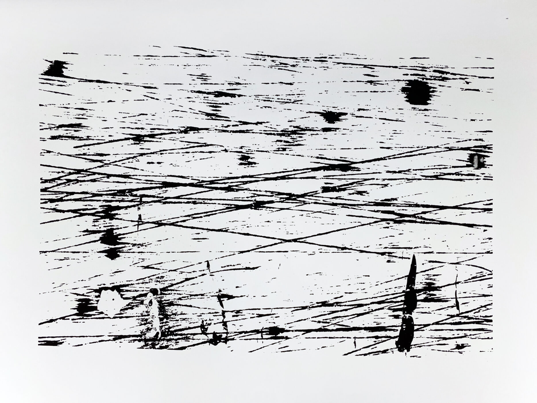 A black and white screenprint of a scratched away, splotchy photograph