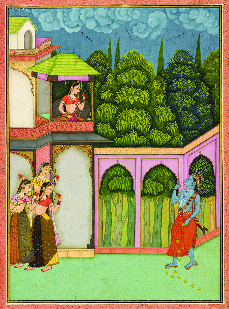 Radha, seated on a balcony, gazes at Krishna as he approaches. Lush trees and a stormy sky in the background.