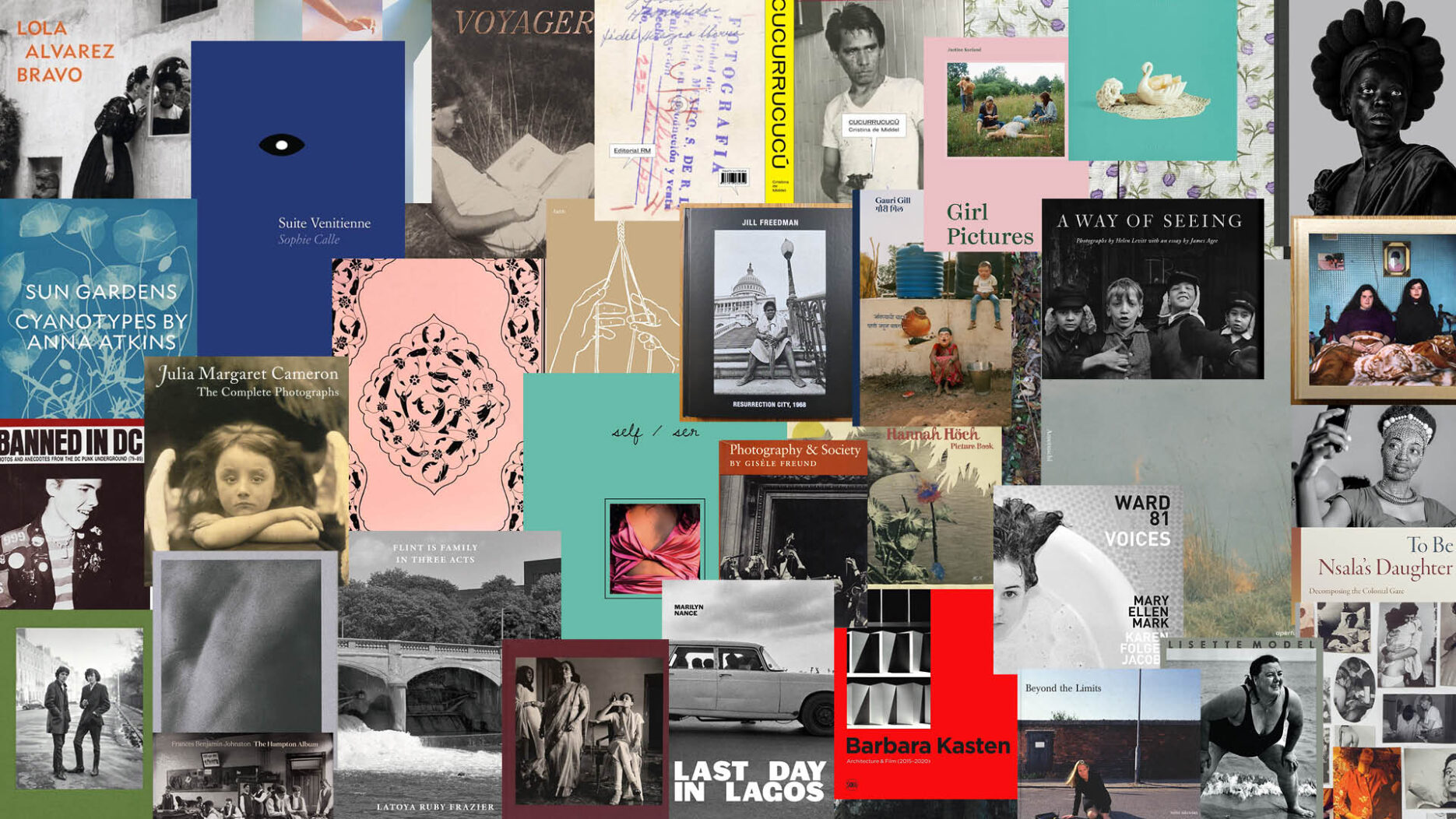 A collage of photobook covers in an array of colors and designs